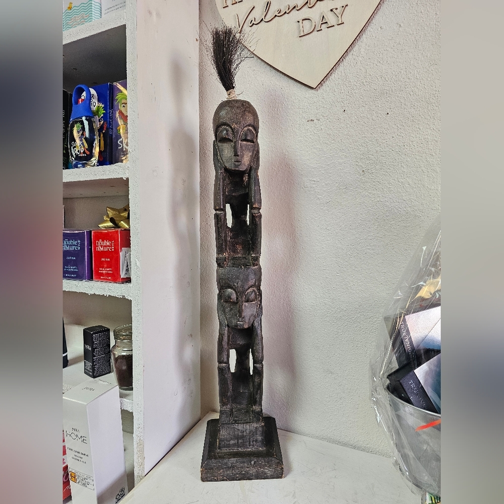 Vintage 24” 2 Hand-Carved Wooden Tribal Warrior Statue with Feather Headdress